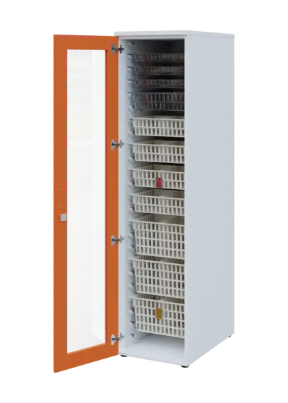 EUROMEDICA S - 46 skříň léková boxová, 1-dveřová/prosklená, levá, 1950x460x735, korpus bílý, dvířka mandarinka